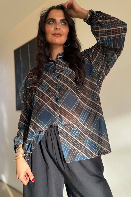 Ainsley Plaid Chiffon Blouse Teal /11=